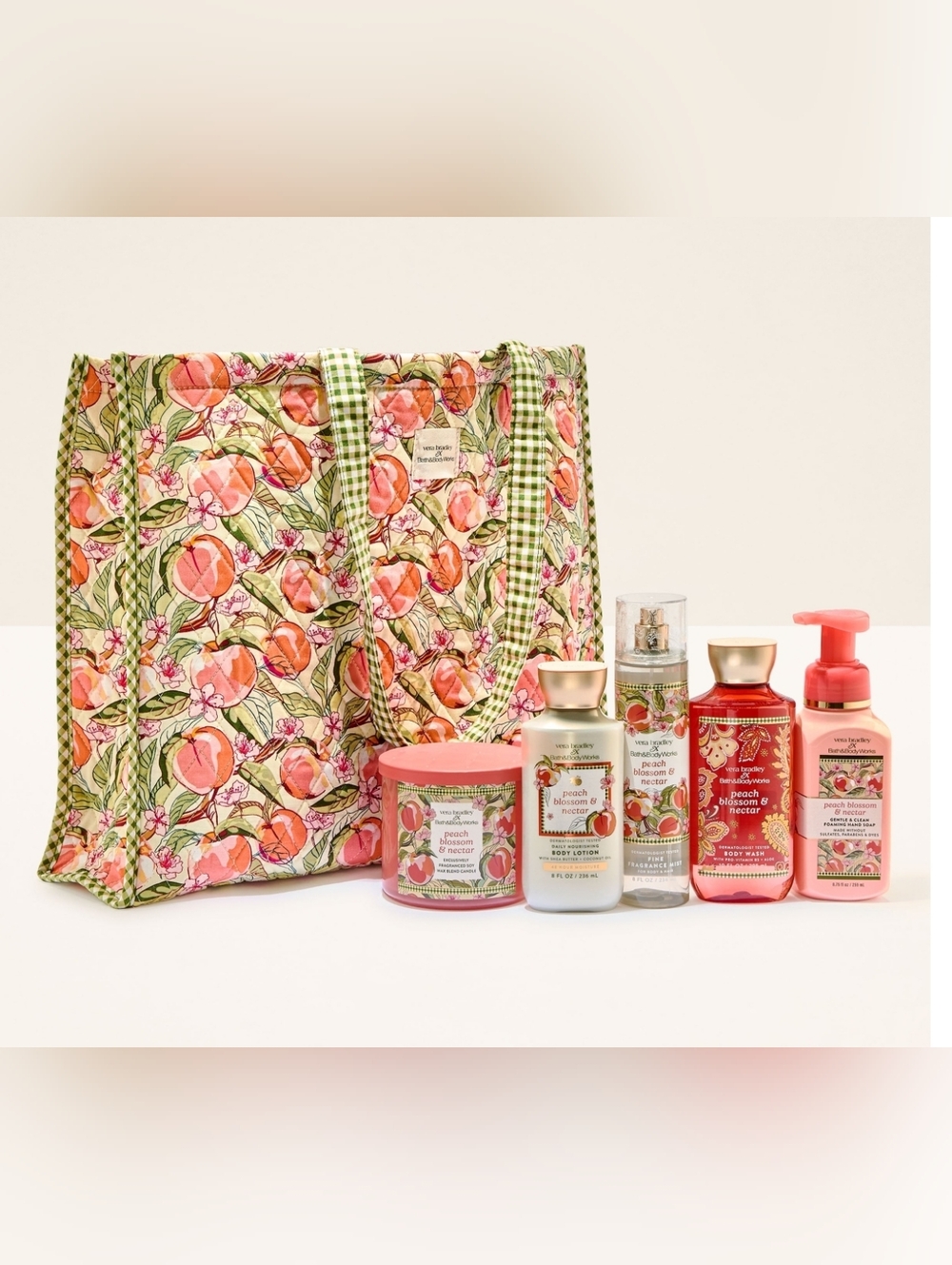 New!! Bath Body Works Vera Bradley Exclusive Tote Gift Bag Set Peach Blossom NWT